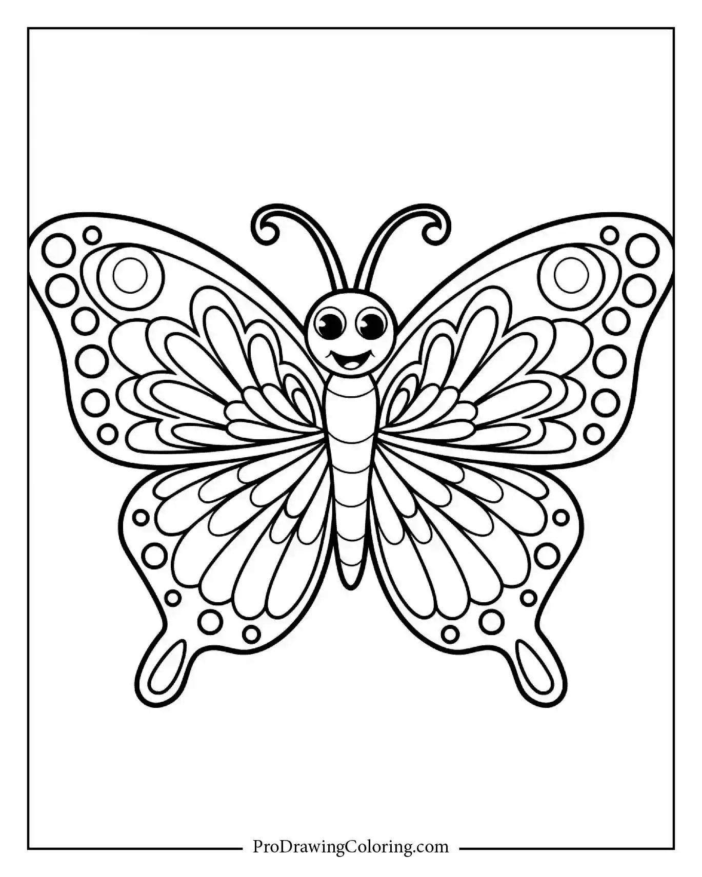 Happy butterfly character with large expressive eyes and decorative wings, printable and easy to color.
