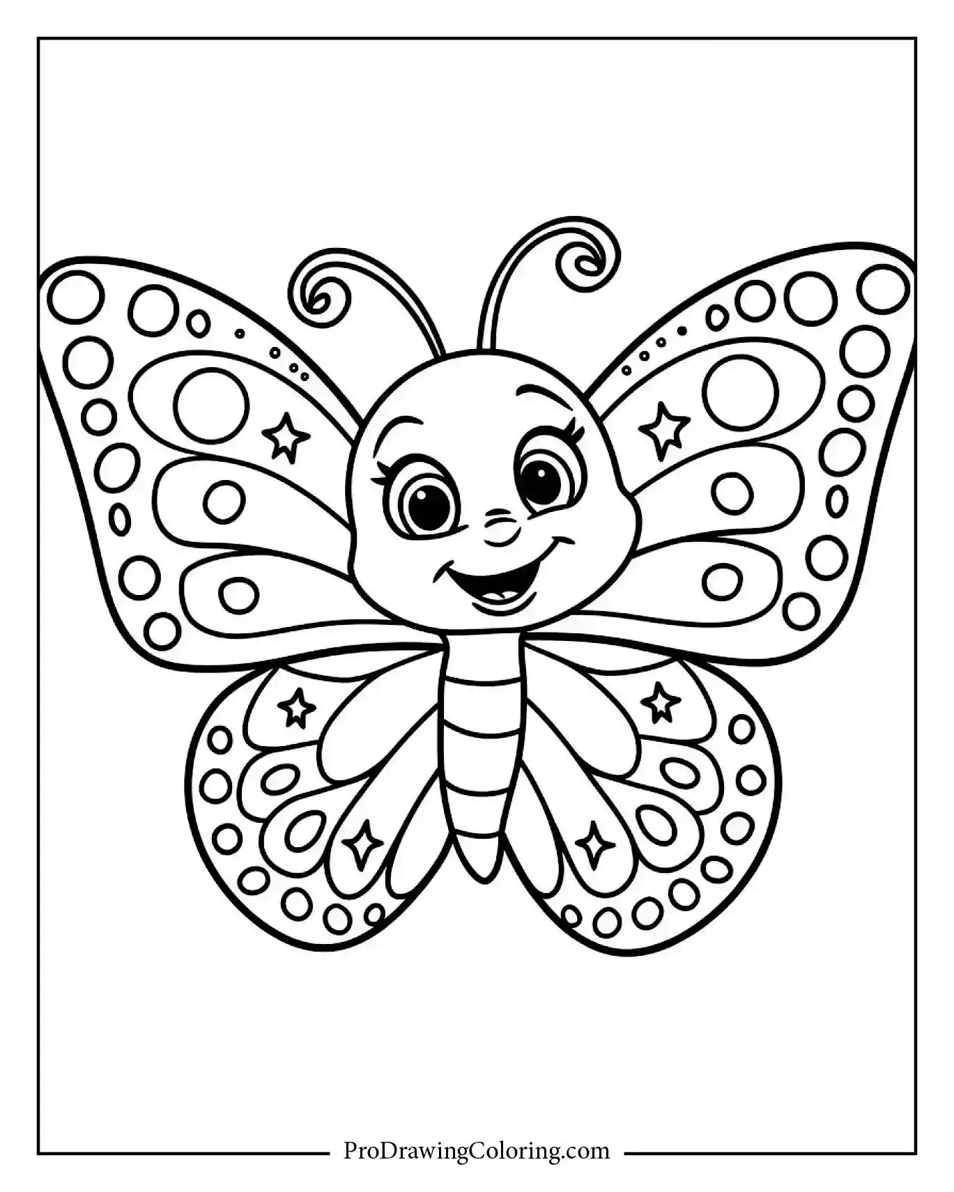 Cute butterfly with star shapes on wings, simple printable design for coloring.