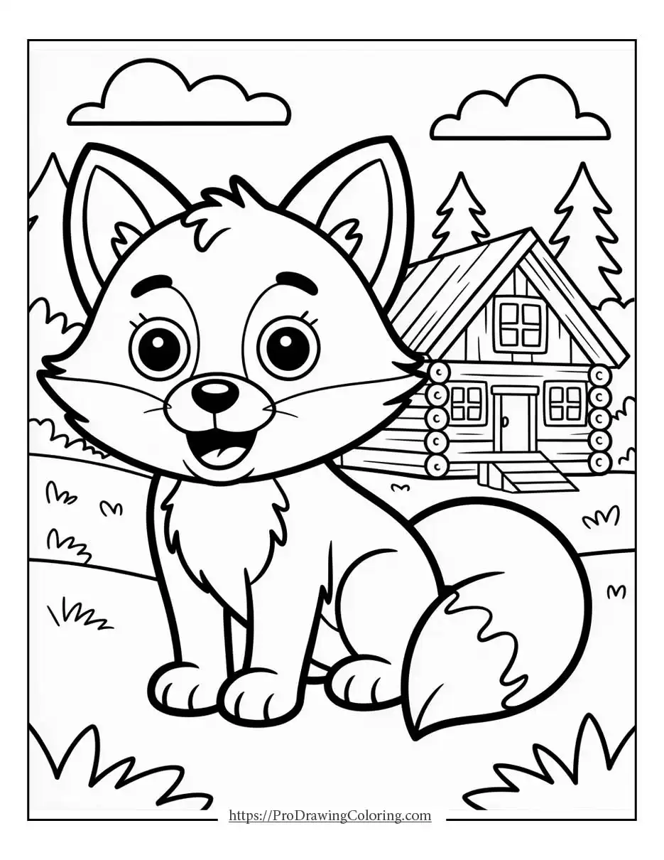 Cute fox coloring page near a cabin, printable fox coloring pages for kids, easy and free