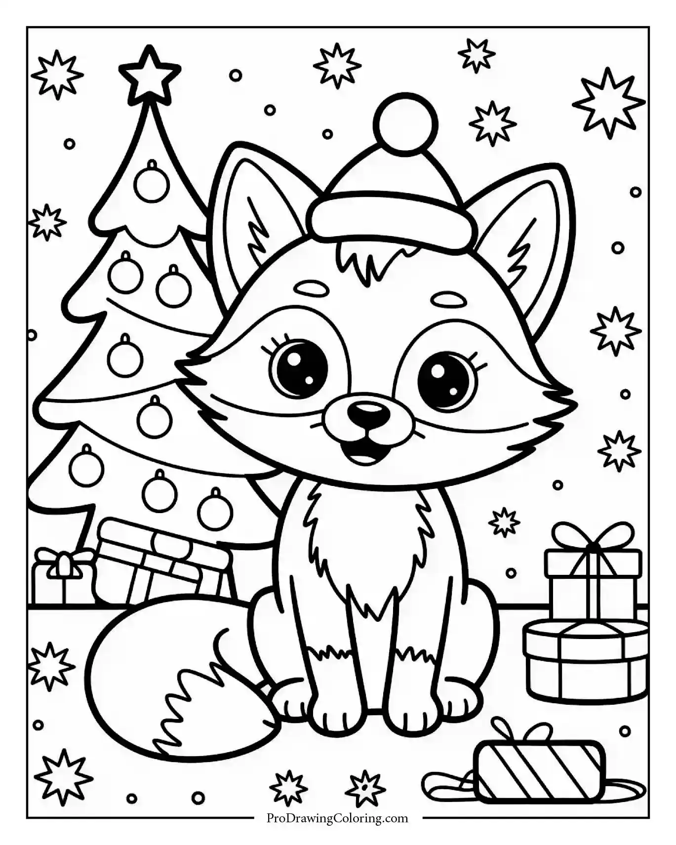 cute fox christmas tree Cartoon fox sitting next to a Christmas tree