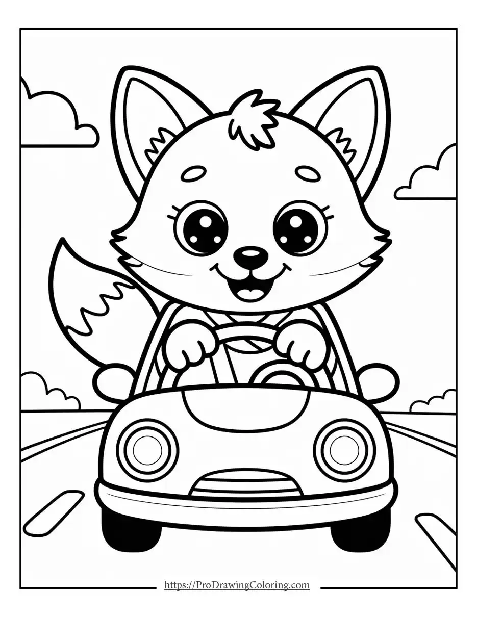 Cute fox coloring page driving a car, printable fox coloring page for kids, free to print