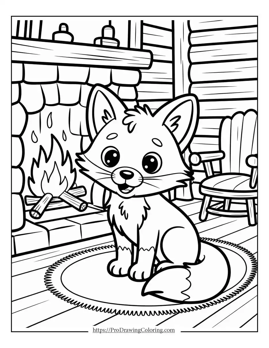 Cute fox sitting on a rug inside a wooden cabin, warm fireplace and cozy interior scene