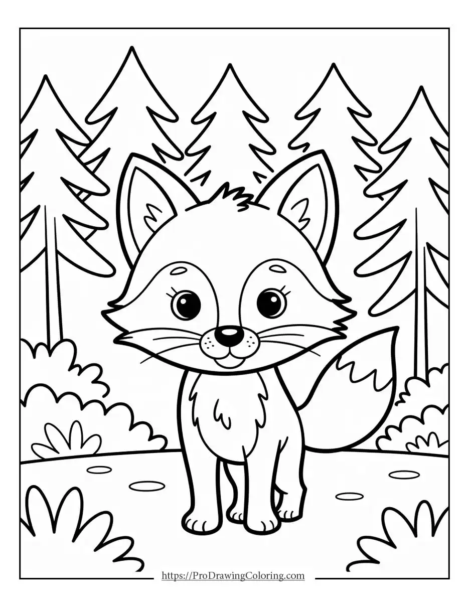 Cute fox coloring page in forest, printable fox coloring pages free