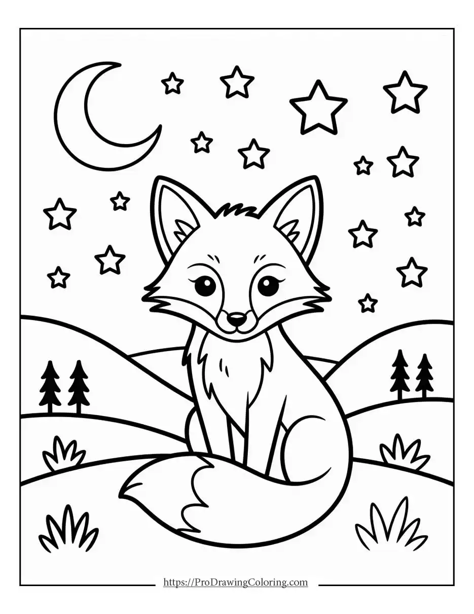 Small fox standing in a forest scene with mushrooms, flowers, and grass