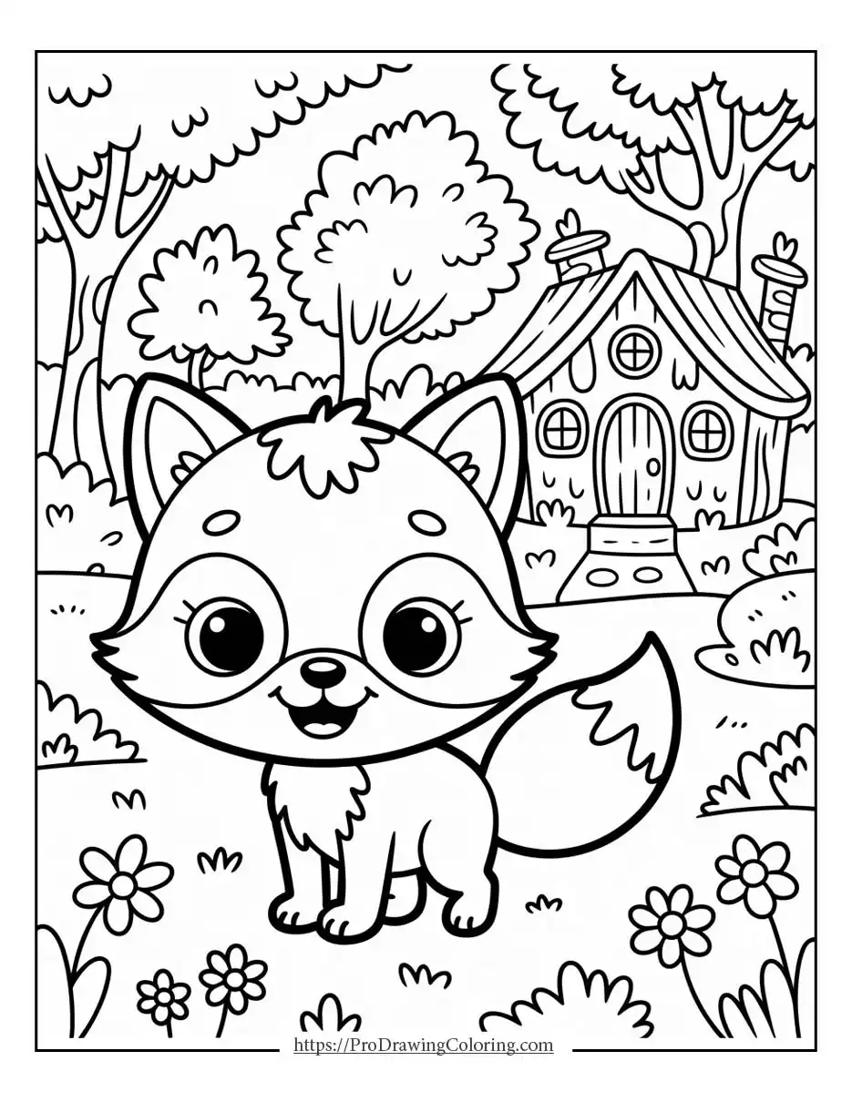 Adorable fox in a garden surrounded by flowers with a small cottage in the background