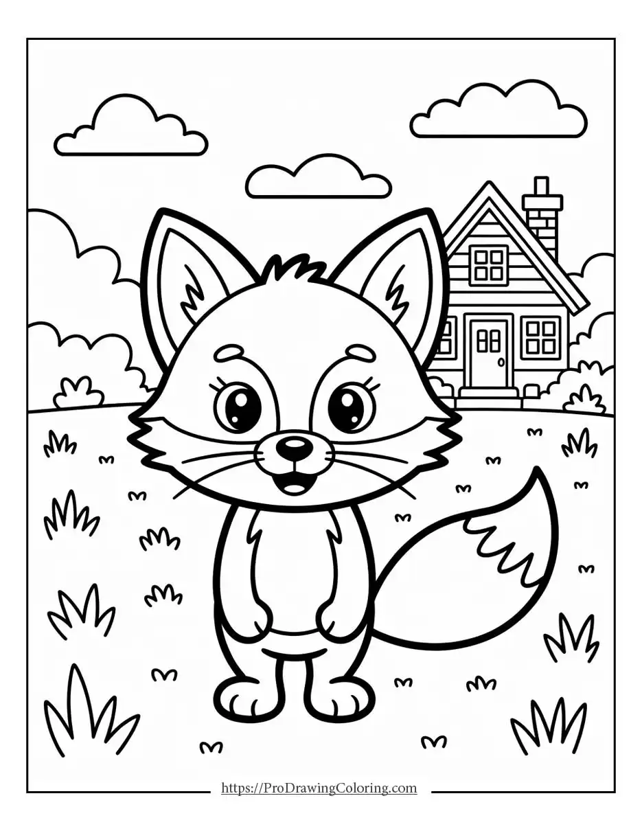 Smiling fox standing on grass near a small house, simple outdoor scene for kids