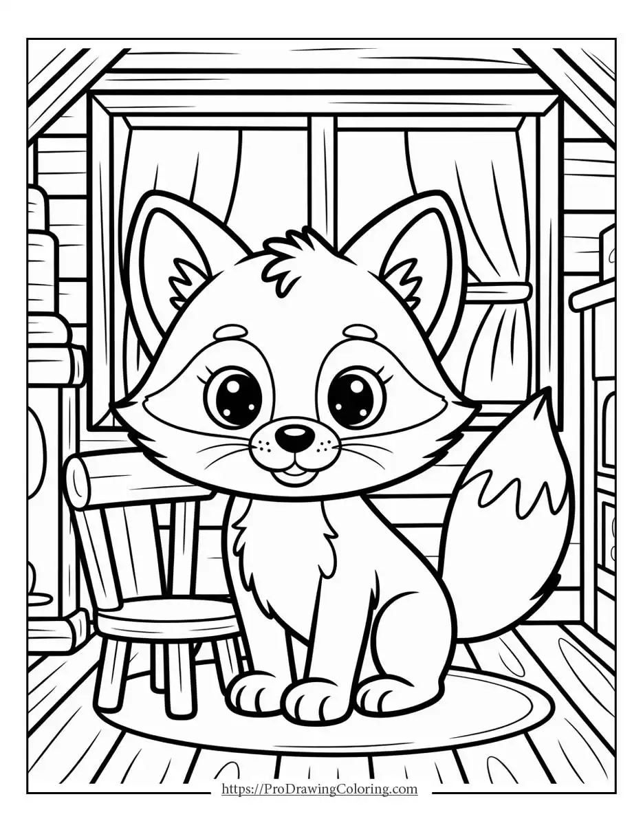 Adorable fox sitting inside a cozy wooden cabin with simple furniture