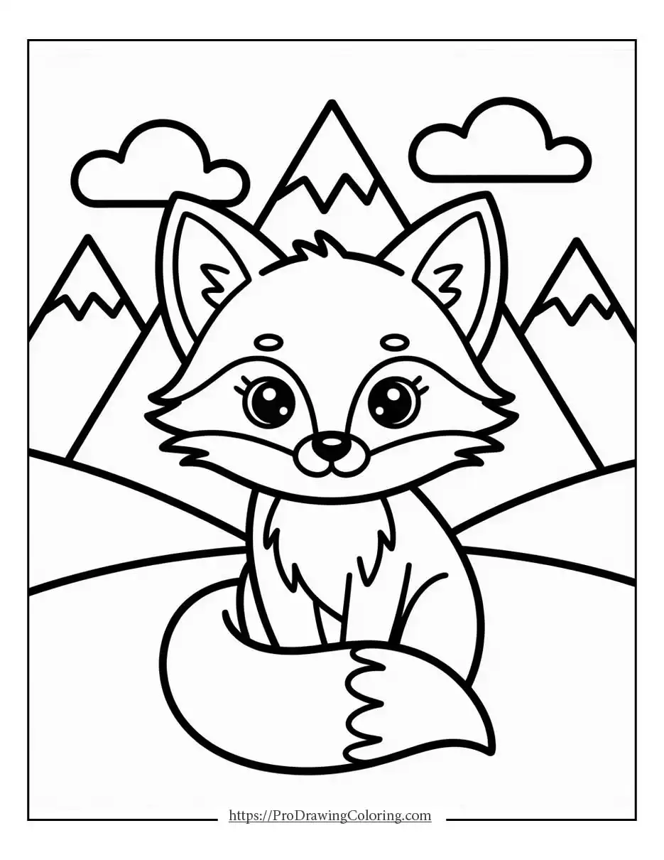 Cute fox coloring page with mountains, printable fox coloring pages for kids