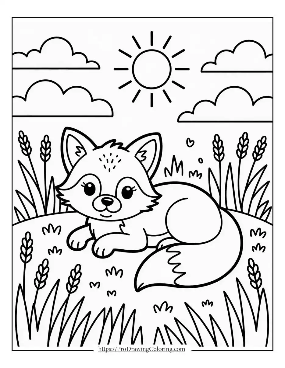 Cute fox sitting on hills under the moon and stars in a calm nighttime landscape