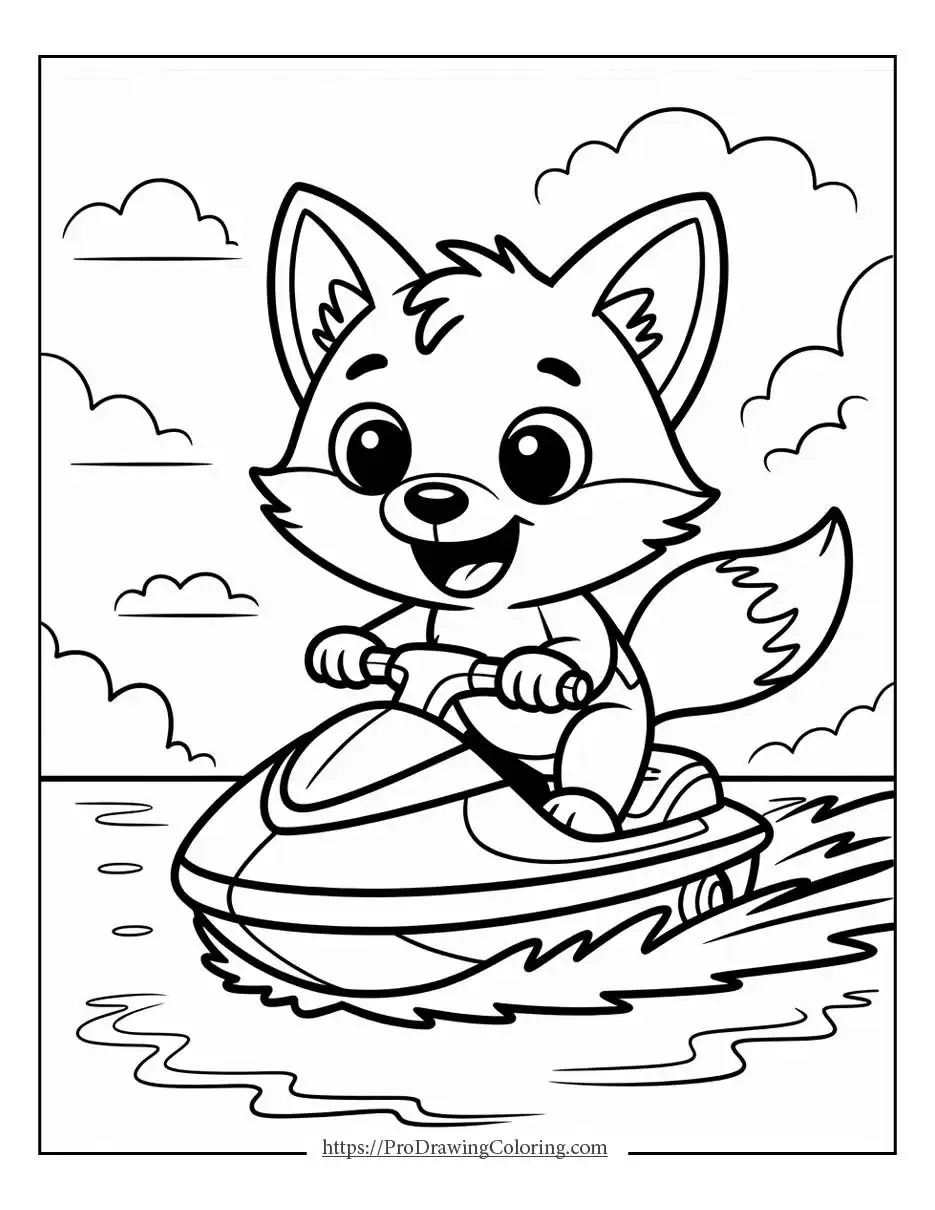 Smiling cartoon fox riding a jet ski on the water, playful and dynamic scene