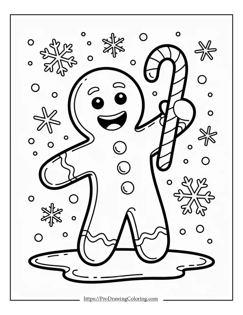 cute gingerbread man coloring page Adorable cute gingerbread man holding a candy cane, printable