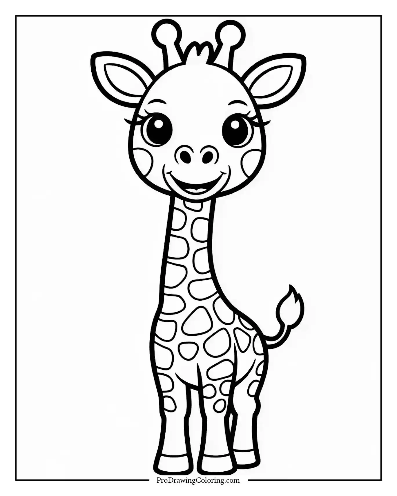 Cute Giraffe Smiling Front View Coloring Page Smiling giraffe with simple bold lines, printable giraffe coloring page for kids.