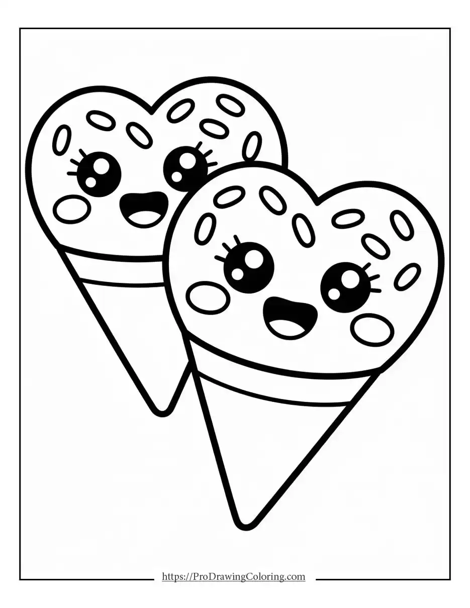 Adorable heart-shaped ice cream characters with big eyes and sweet expressions