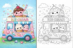 Cute ice cream coloring pages featuring a kawaii ice cream truck, left side in full color and right side as clean black and white line art for kids
