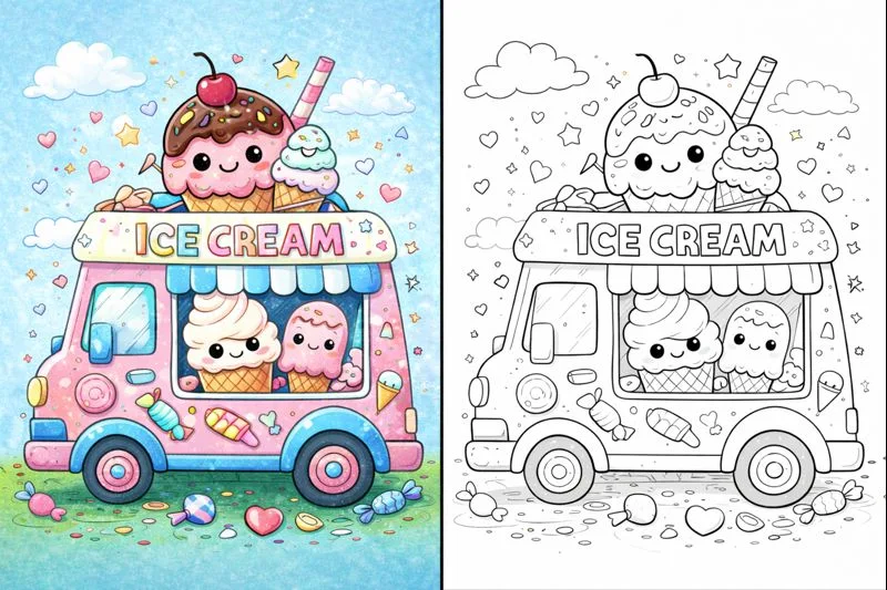 Cute ice cream coloring pages featuring a kawaii ice cream truck, left side in full color and right side as clean black and white line art for kids
