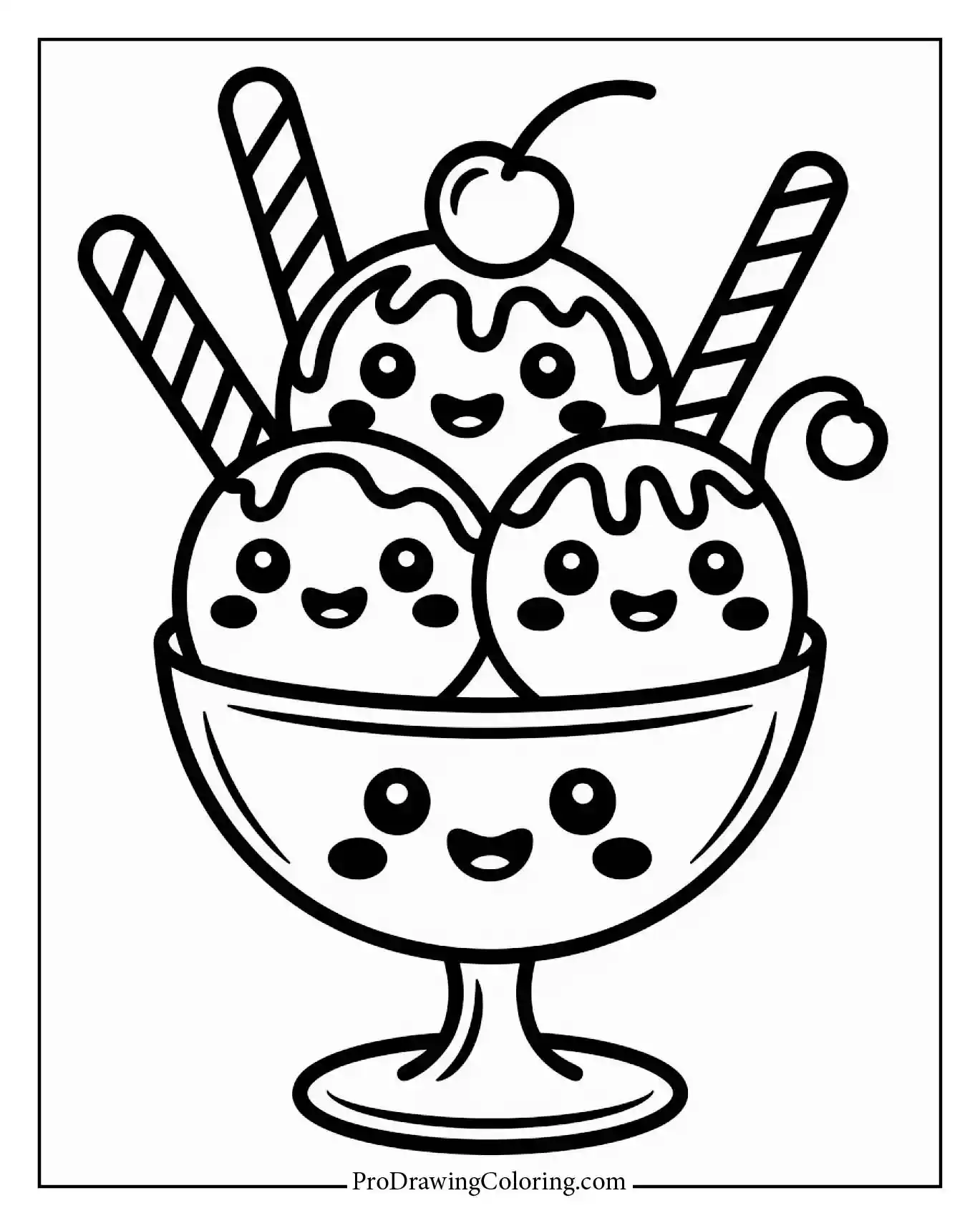 Cute sundae ice cream coloring page with cherry and whipped cream