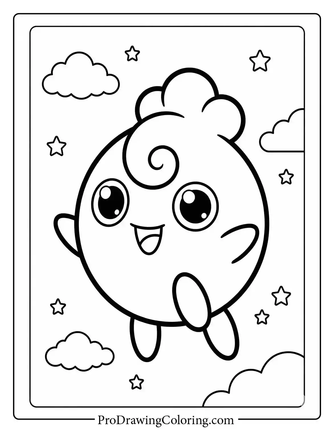 Cute printable showing an adorable Igglybuff happily bouncing through the sky, completely surrounded by fluffy soft clouds and twinkling stars.