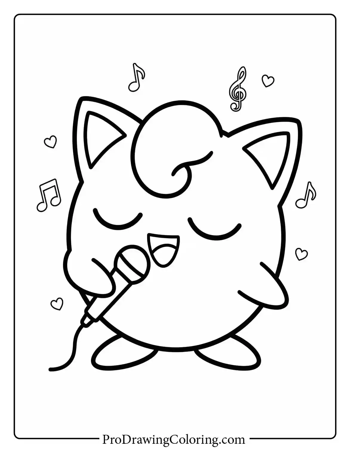 Printable of a cute Jigglypuff singing beautifully into a small microphone with its eyes closed and musical notes around.