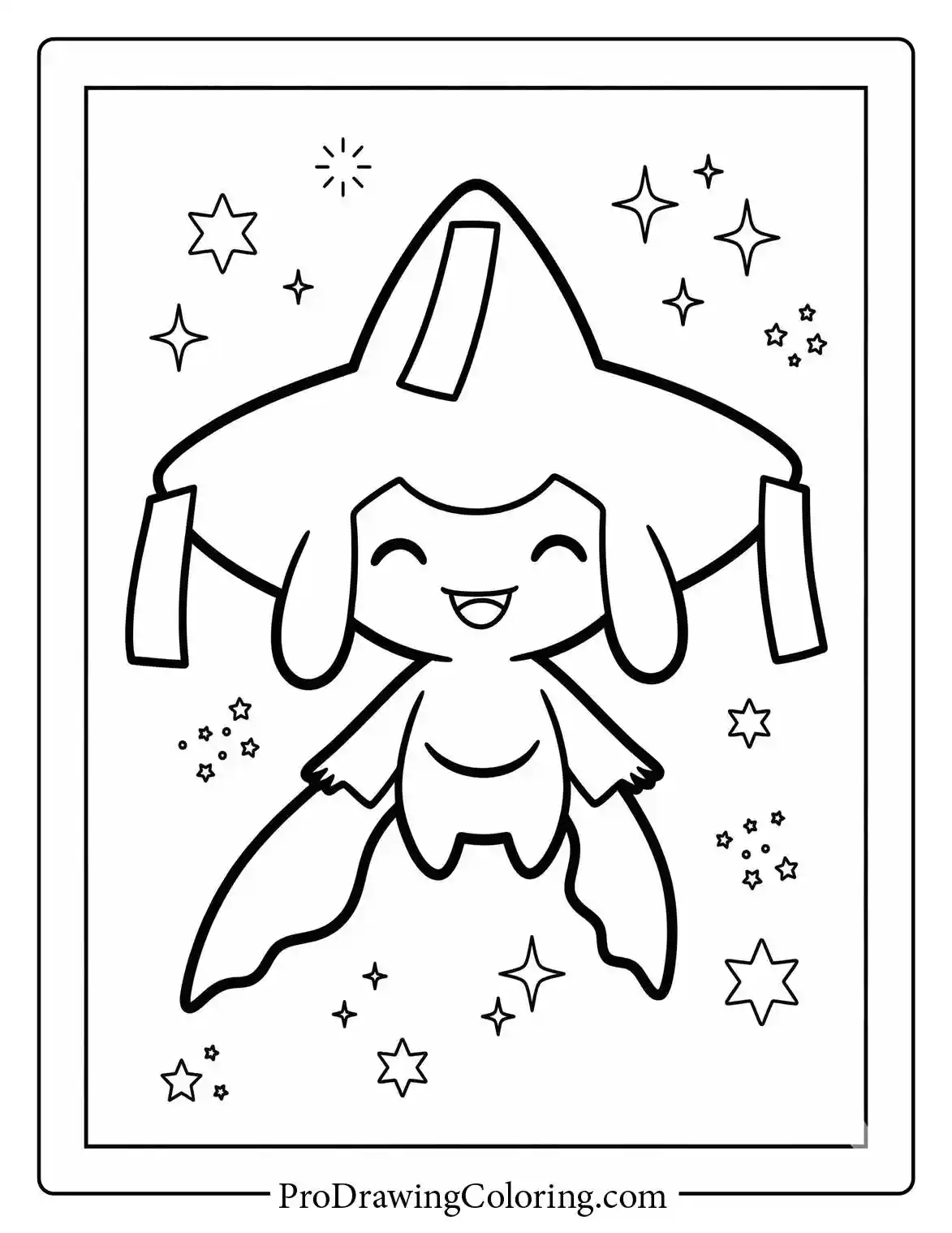 Coloring sheet of the legendary Jirachi floating happily in the air, spreading joy surrounded by magical floating stars.
