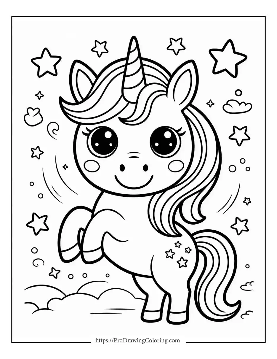 Cute kawaii unicorn with a small horn, big eyes, and a sweet pose.