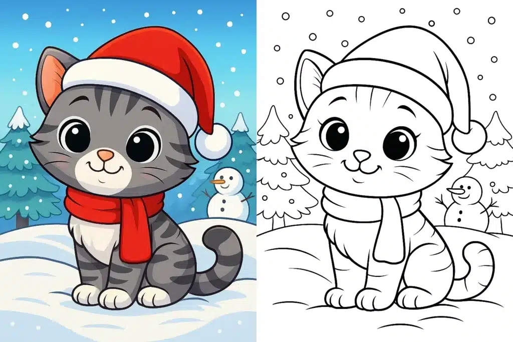 kitten coloring pages – cute cartoon kitten wearing a Santa Claus hat sitting in a snowy winter scene with Christmas trees and falling snow; left side fully colored festive version, right side identical black-and-white kitten coloring page for kids