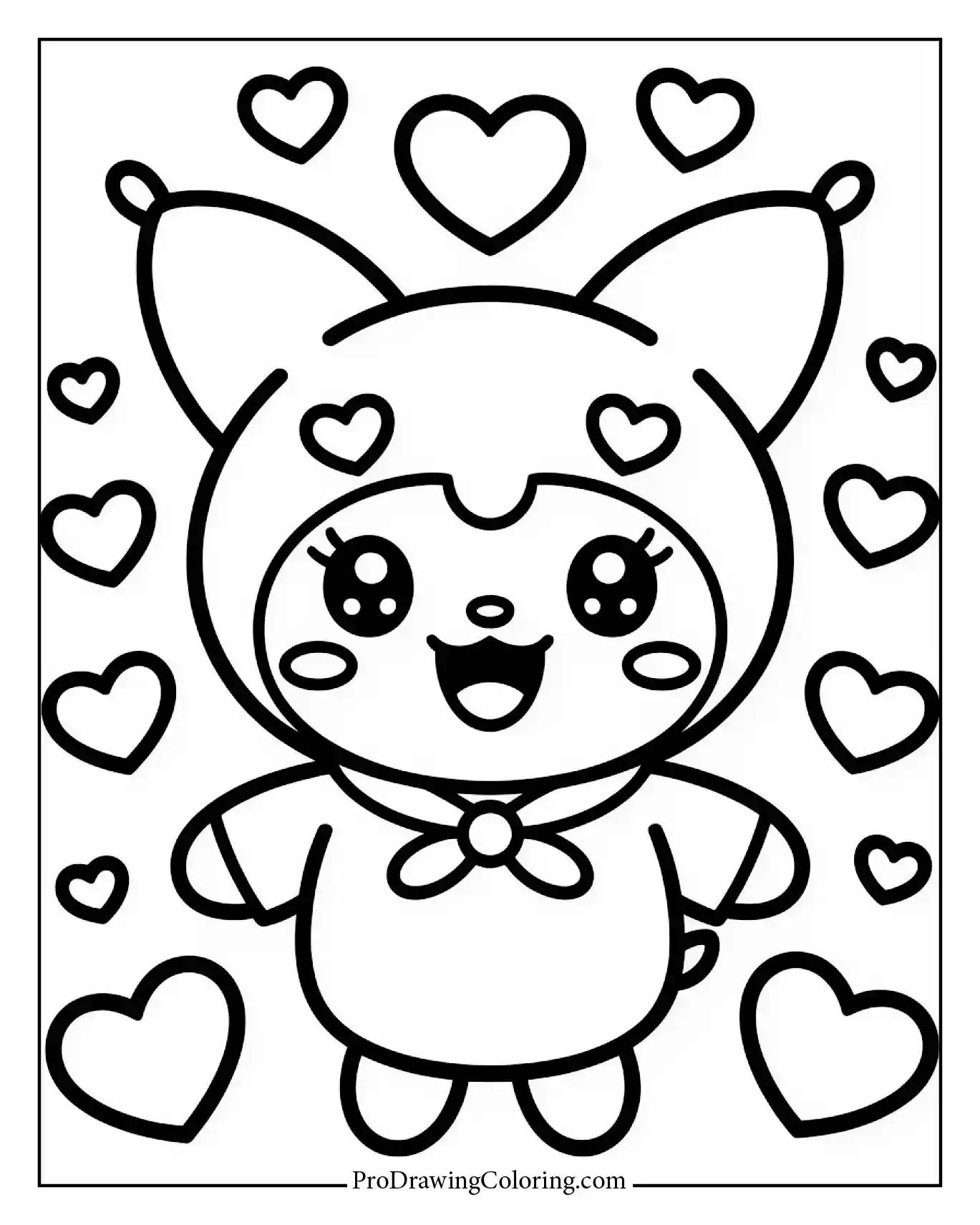 Delightful Kuromi with hearts coloring page, romantic style, designed to inspire creativity.