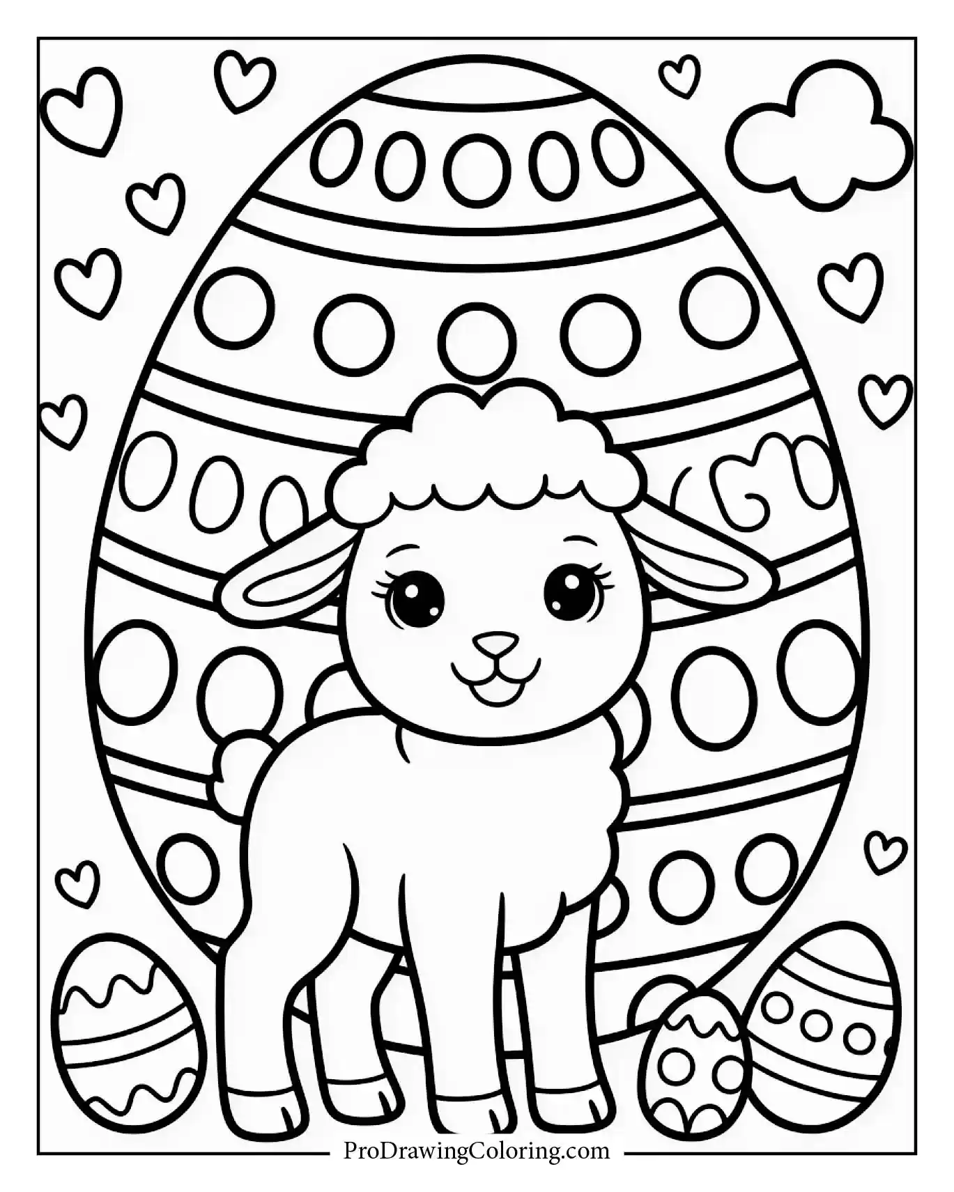 A cute lamb standing near a giant decorated Easter egg with polka dots.