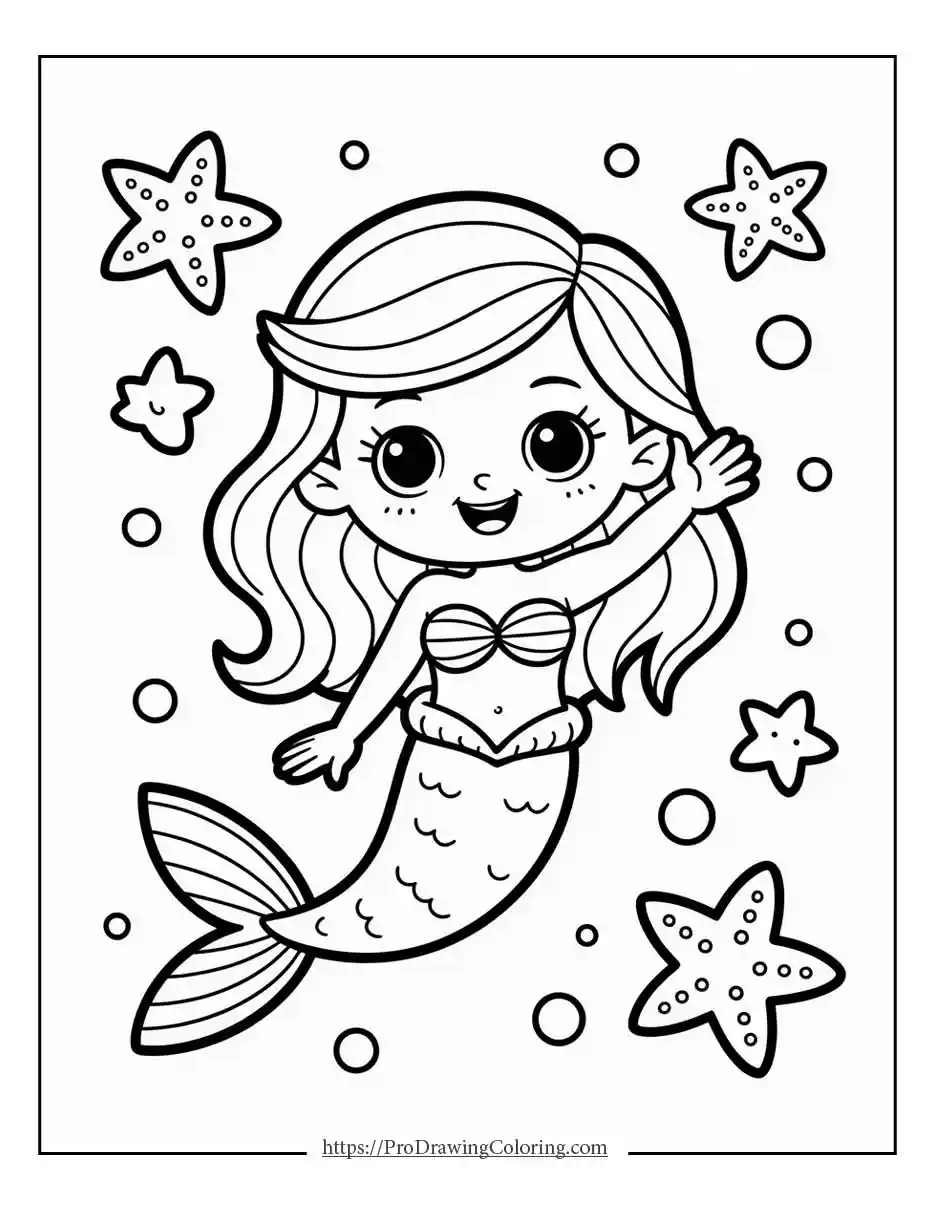 Cute mermaid waving hello with starfish in cartoon style, easy for kids to color