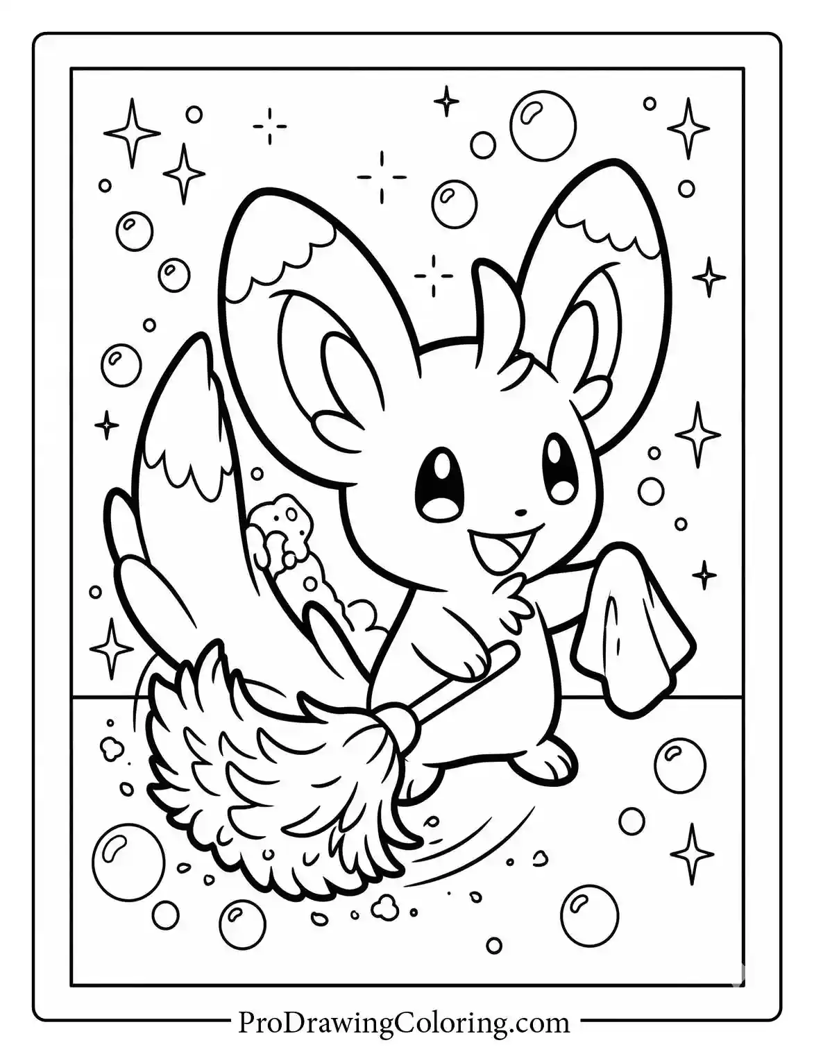 Simple coloring page featuring Minccino happily sweeping the floor using its fluffy tail as a duster, with shiny sparkles and bubbles.