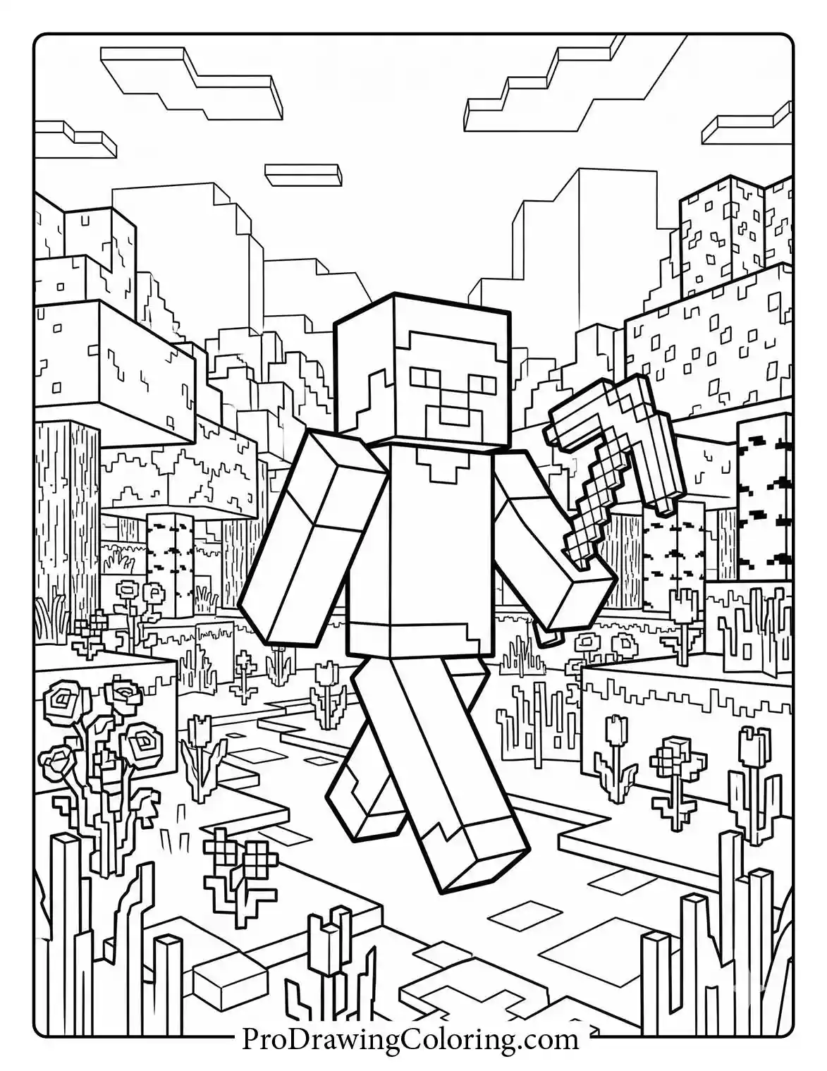 Very cute minecraft colouring sheets featuring Steve peacefully walking through a beautiful flower biome surrounded by tall grass and blocky nature.