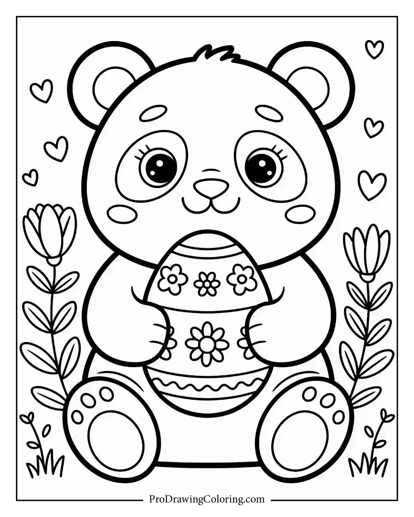 A cute panda holding a decorated Easter egg surrounded by gentle flowers.
