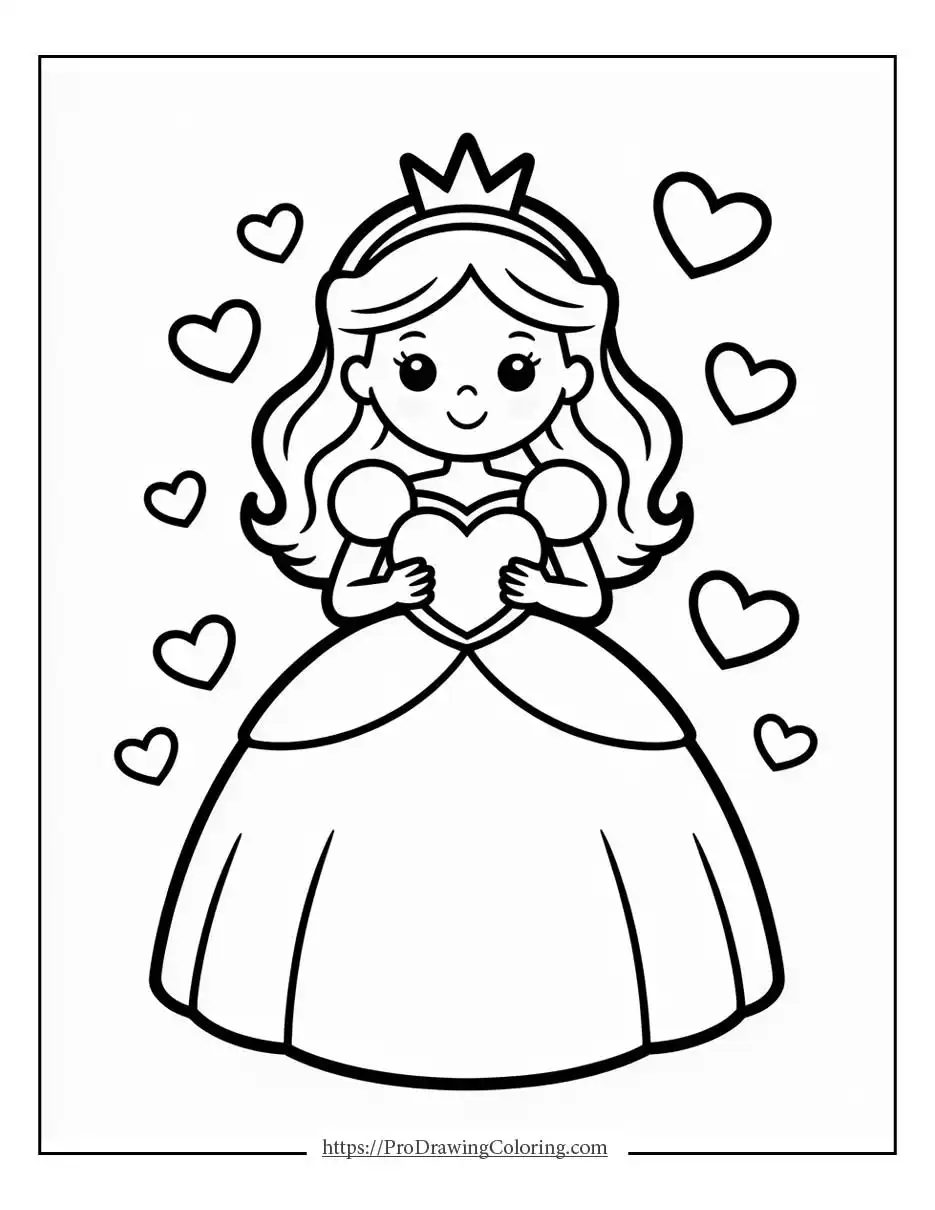princess coloring page of a cute princess holding a heart surrounded by love