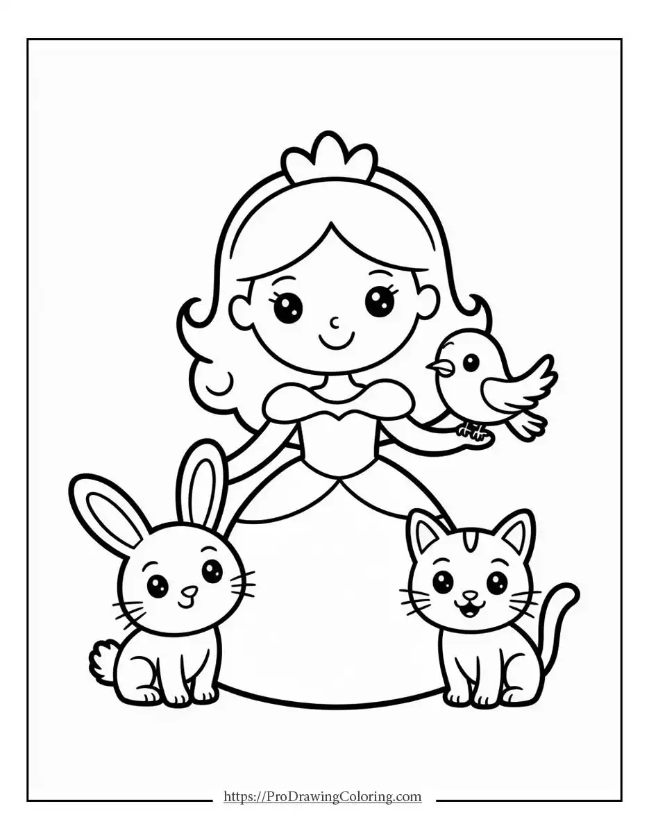 a smiling princess with a bird, a bunny, and a kitten