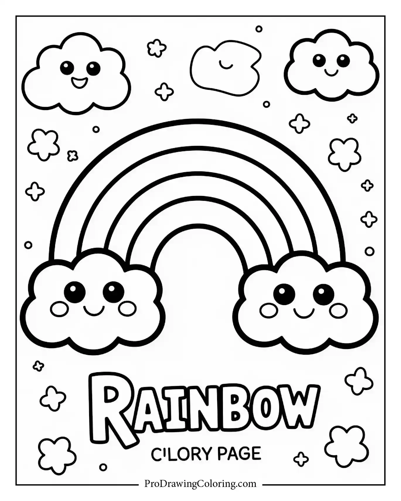 A cute rainbow with smiling clouds and tiny raindrops forming a joyful coloring page for kids and adults