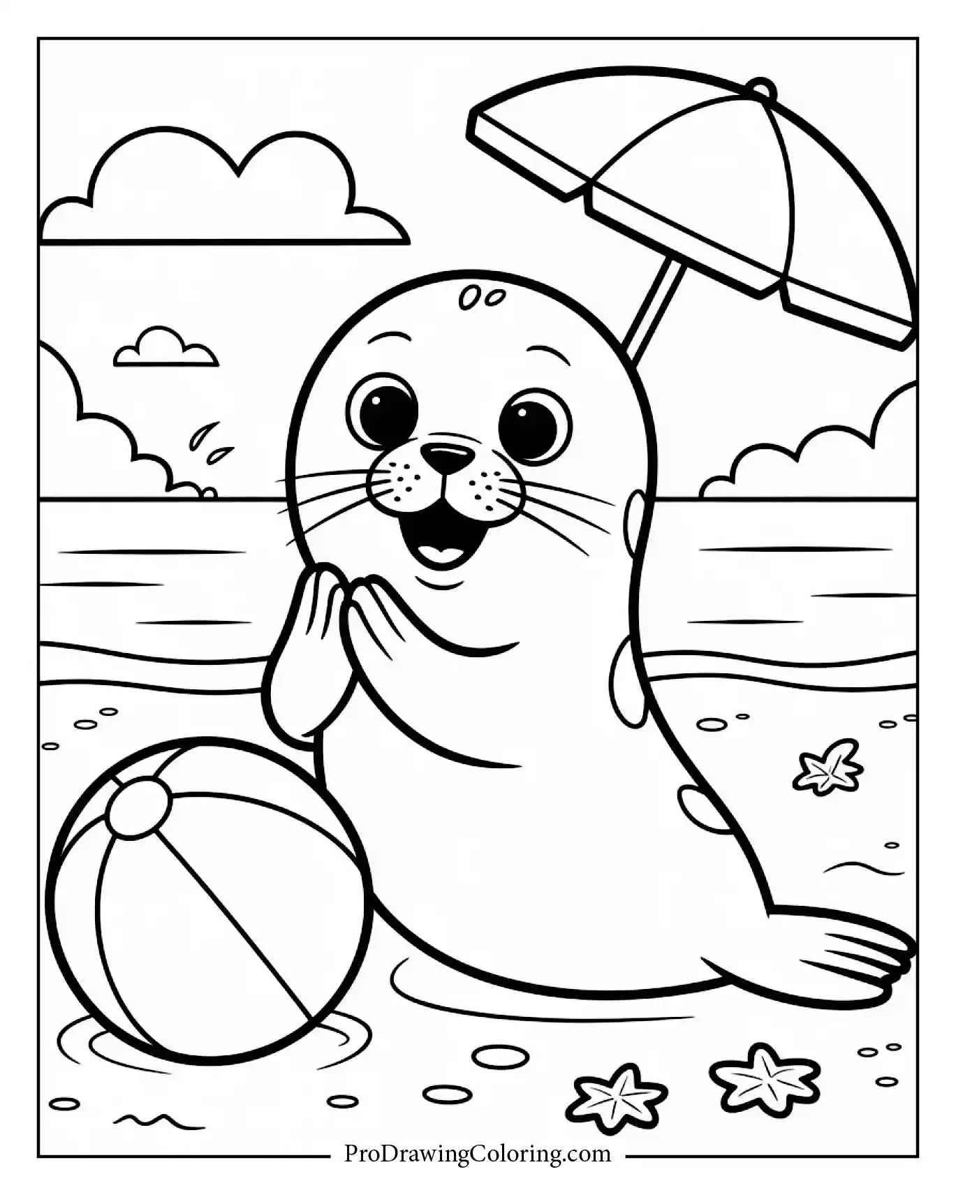 Beach coloring pages – cute seal playing with ball on the beach