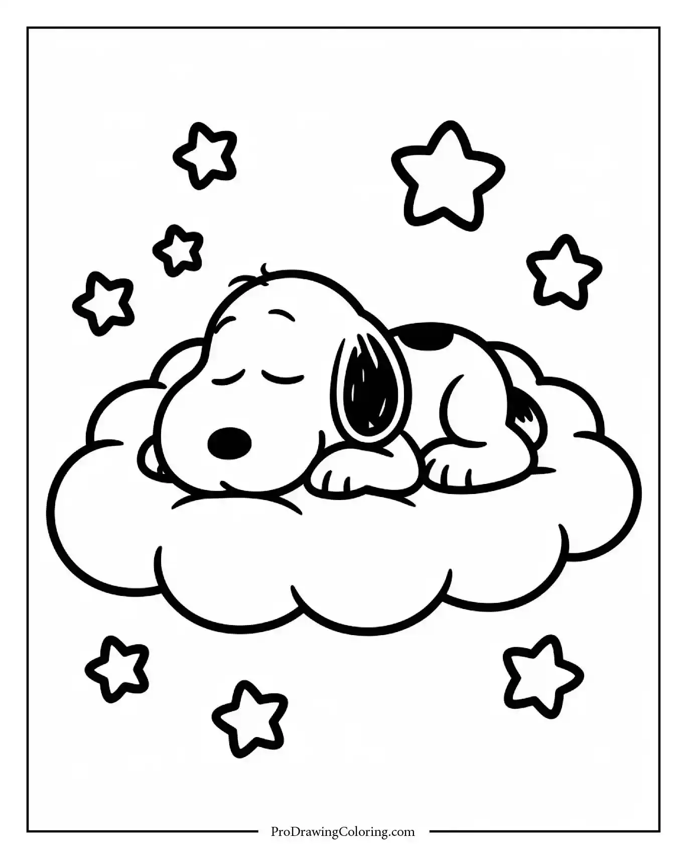 A printable coloring sheet depicting cute snoopy coloring pages sleeping peacefully on a fluffy cloud with small twinkling stars and a crescent moon above him.
