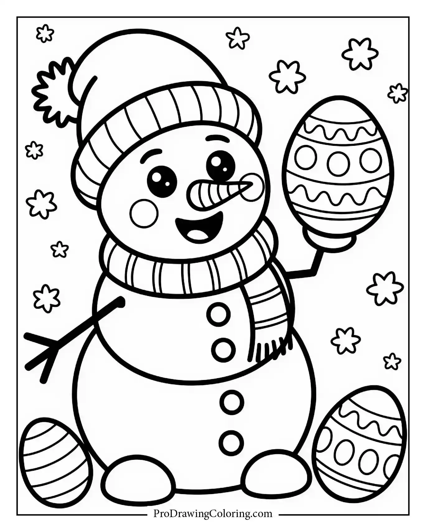 A cute snowman holding a painted Easter egg during Christmas time.