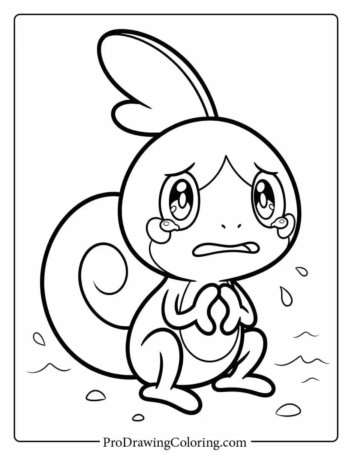 A kawaii small Sobble looks very sad and is about to cry, sitting with water drops, a simple printable.