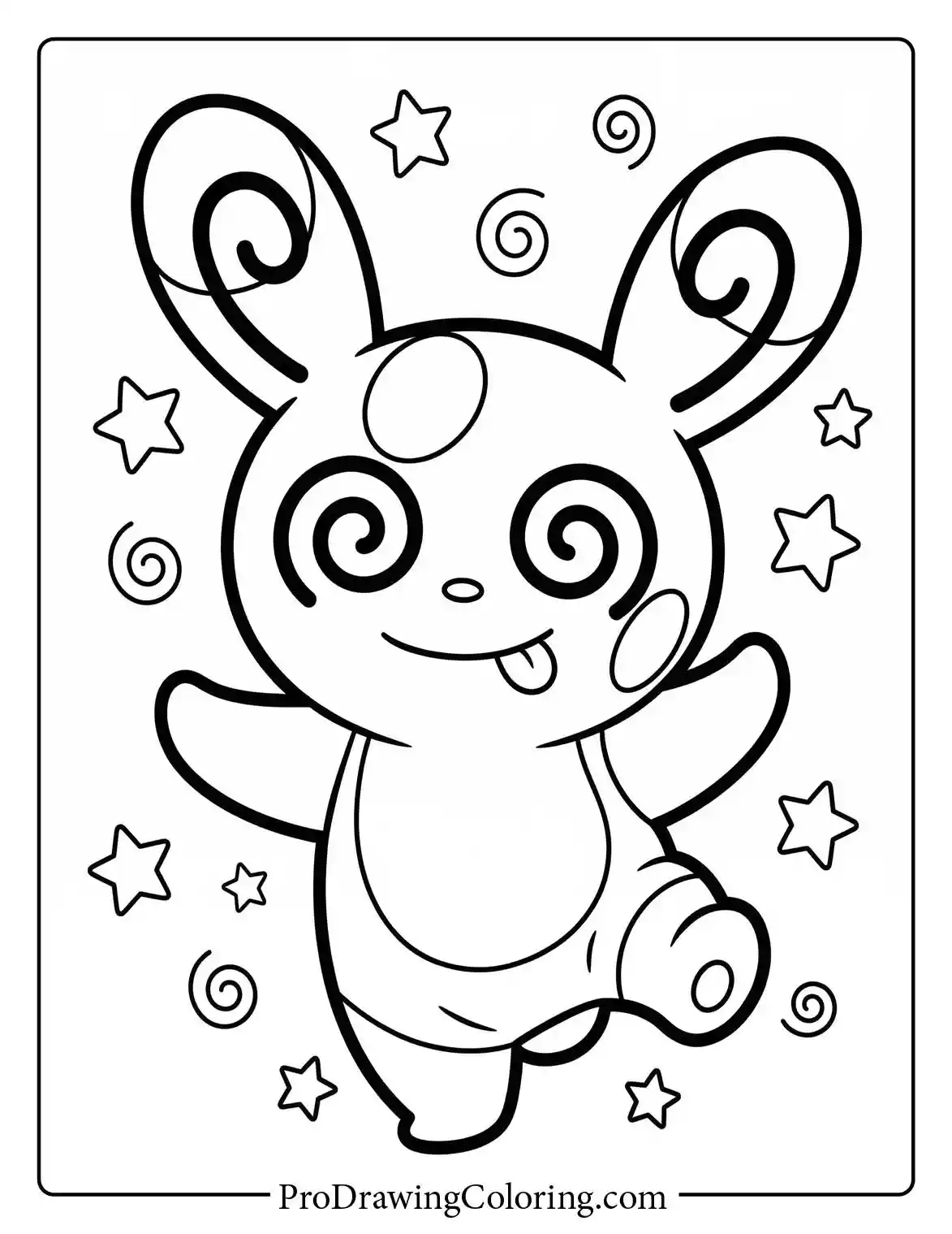 Coloring sheet of an adorable Spinda looking dizzy with swirling eyes, happily dancing around with floating game stars.
