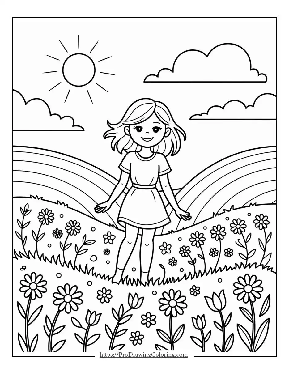 Cute spring scene showing a happy child in a flower field under the sun, matching cute spring coloring pages style