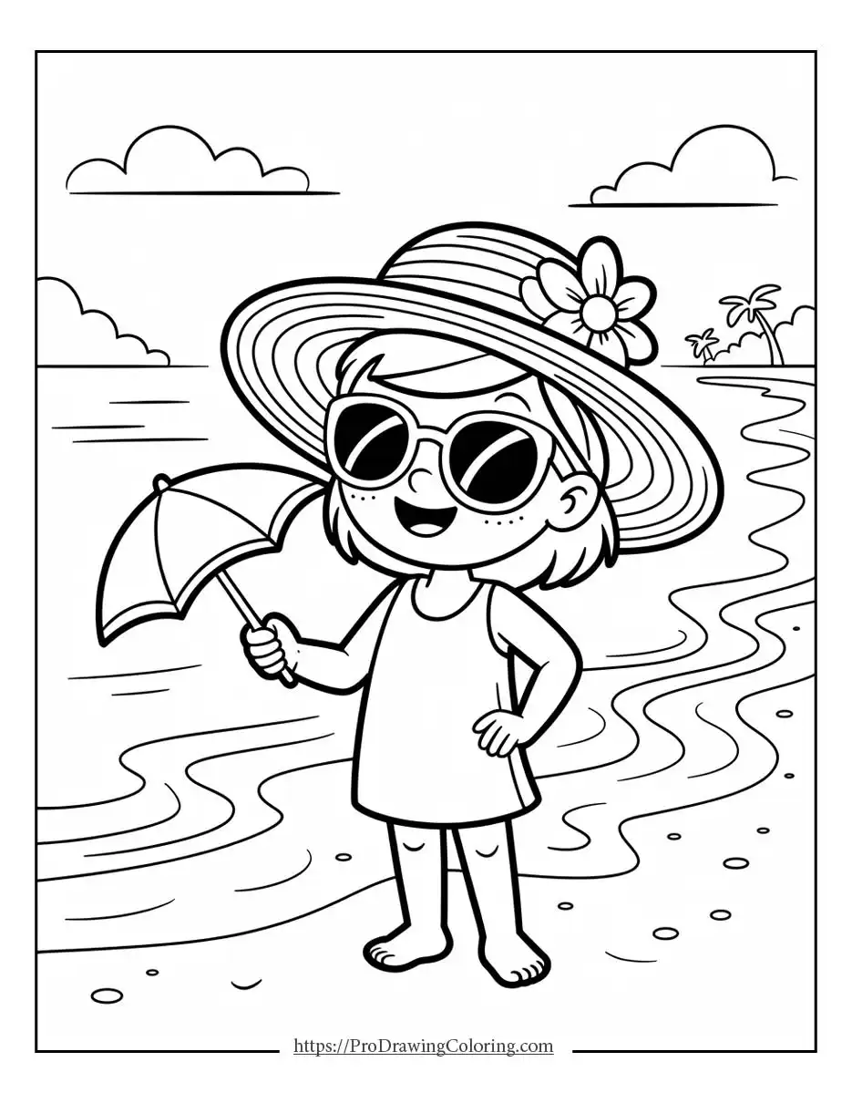 Happy little girl wearing a sun hat and sunglasses enjoying a sunny beach day