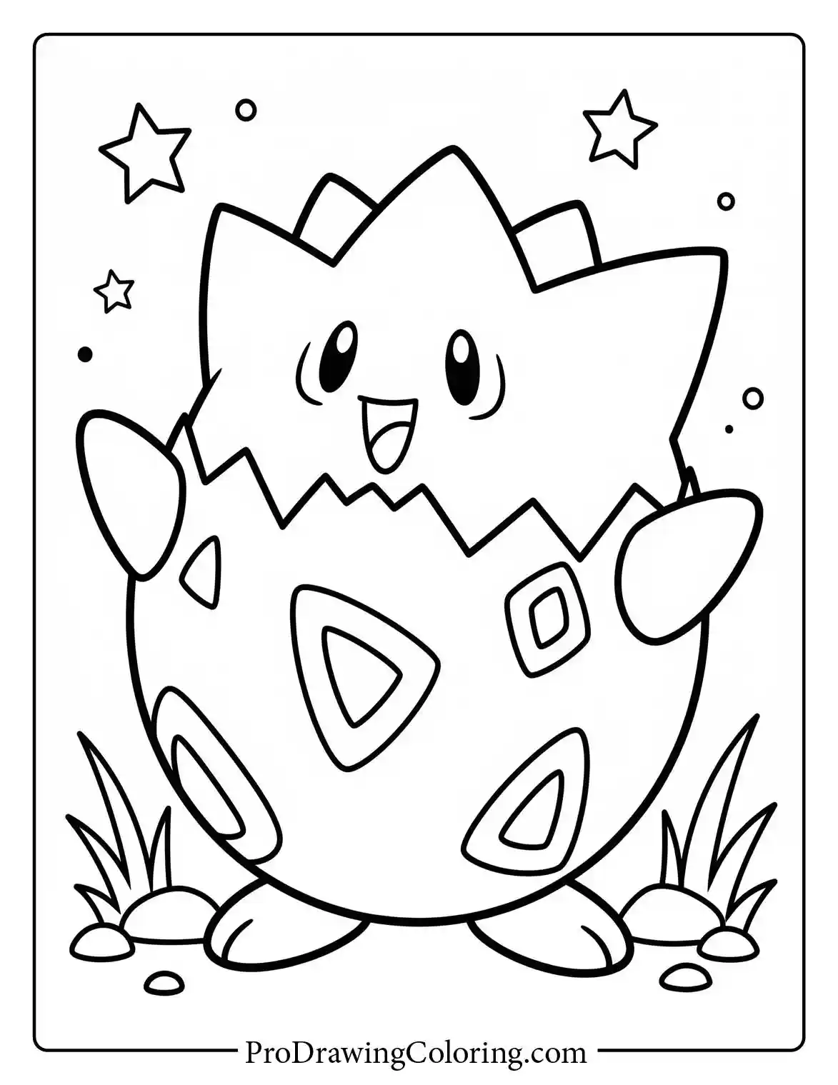 An easy coloring page showing Togepi happily standing in a grassy patch with its arms raised inside its eggshell.