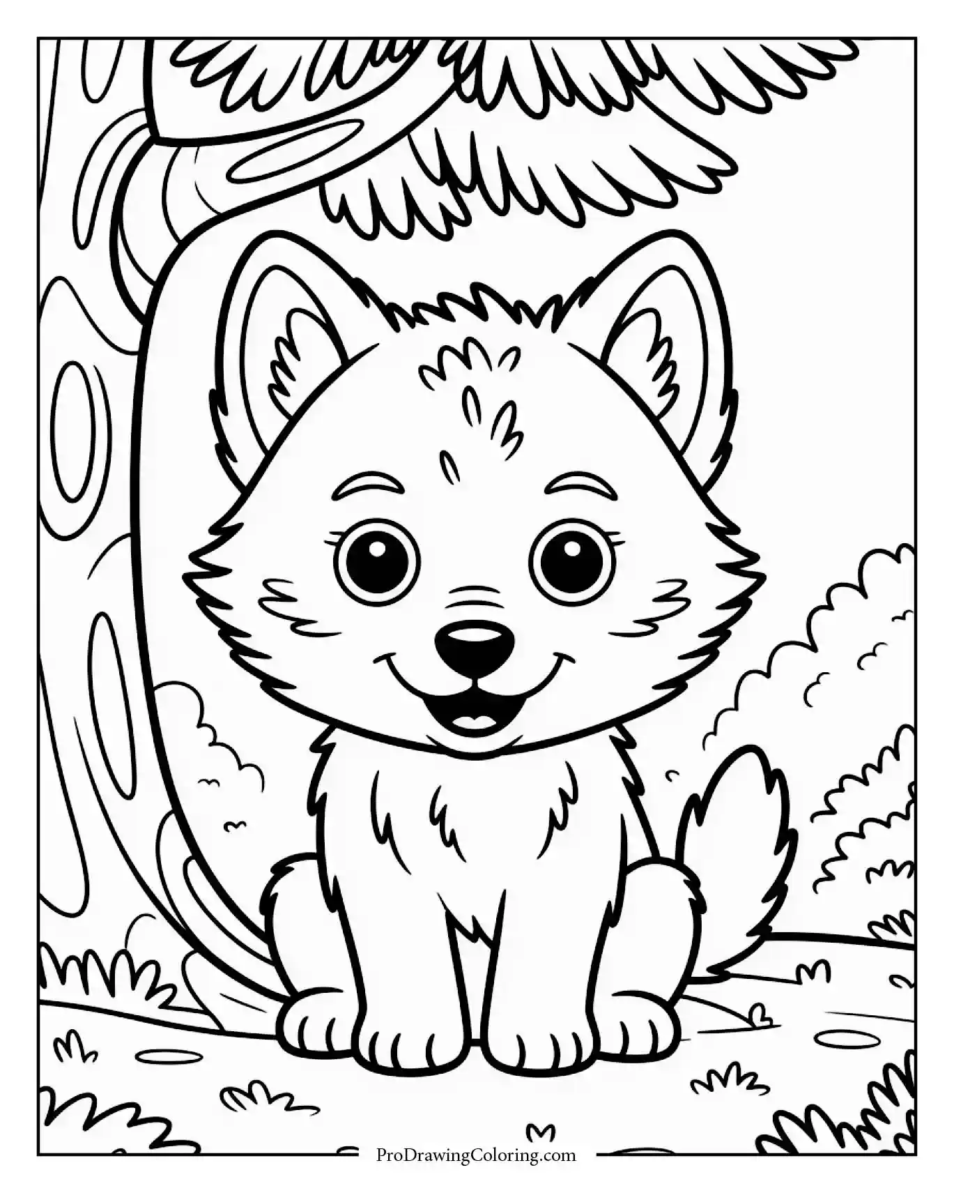 cute wolf under pine printable Wolf printable coloring page for kids featuring a cute cub sitting under a pine tree