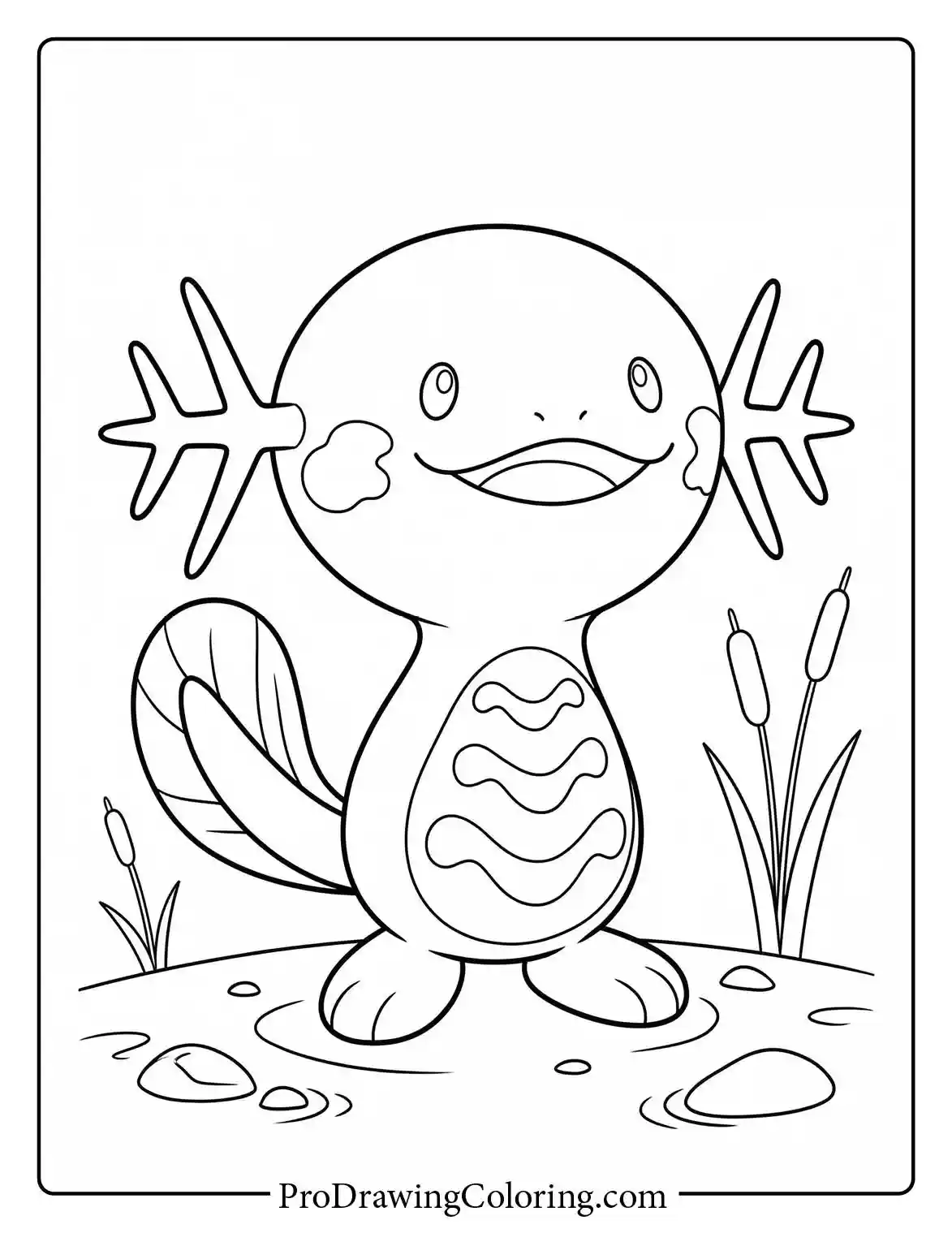 Kawaii coloring page showing Wooper standing happily in a shallow water puddle, surrounded by tall cattail plants in a peaceful pond.