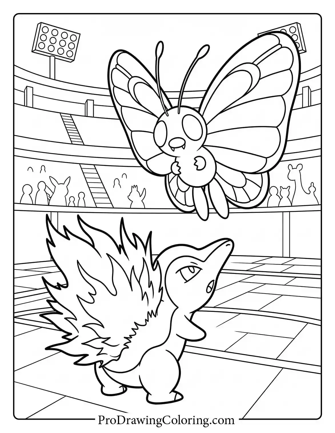 Cyndaquil faces off against a Butterfree flying above it inside a large stadium filled with an audience watching the match, a fun Pokemon colouring sheet.