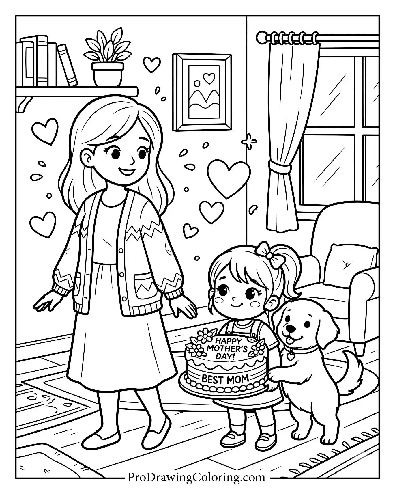 Happy mother warmly receiving a large decorated cake from her little daughter. A heartwarming mother and daughter coloring sheet featuring a puppy.