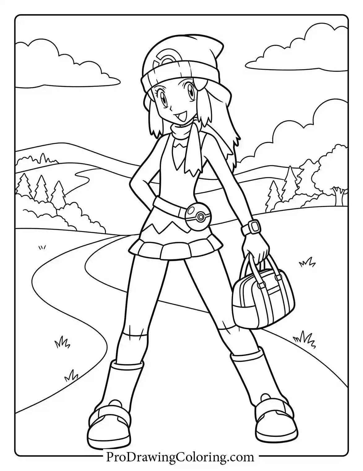 Dawn is walking along a scenic path through a rural area, a lovely Pokemon colouring.