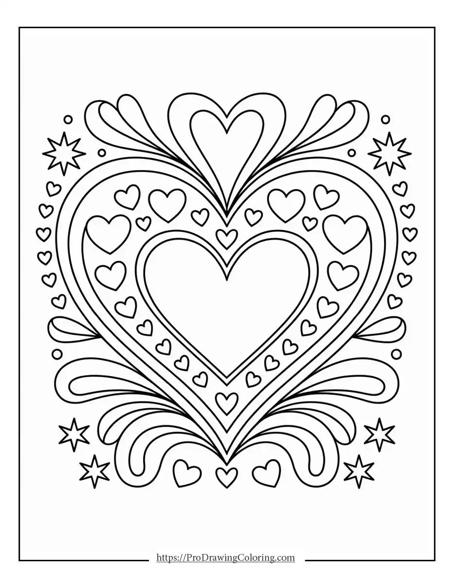 Playful heart coloring pages filled with small hearts and flowing decorative shapes for kids and adults