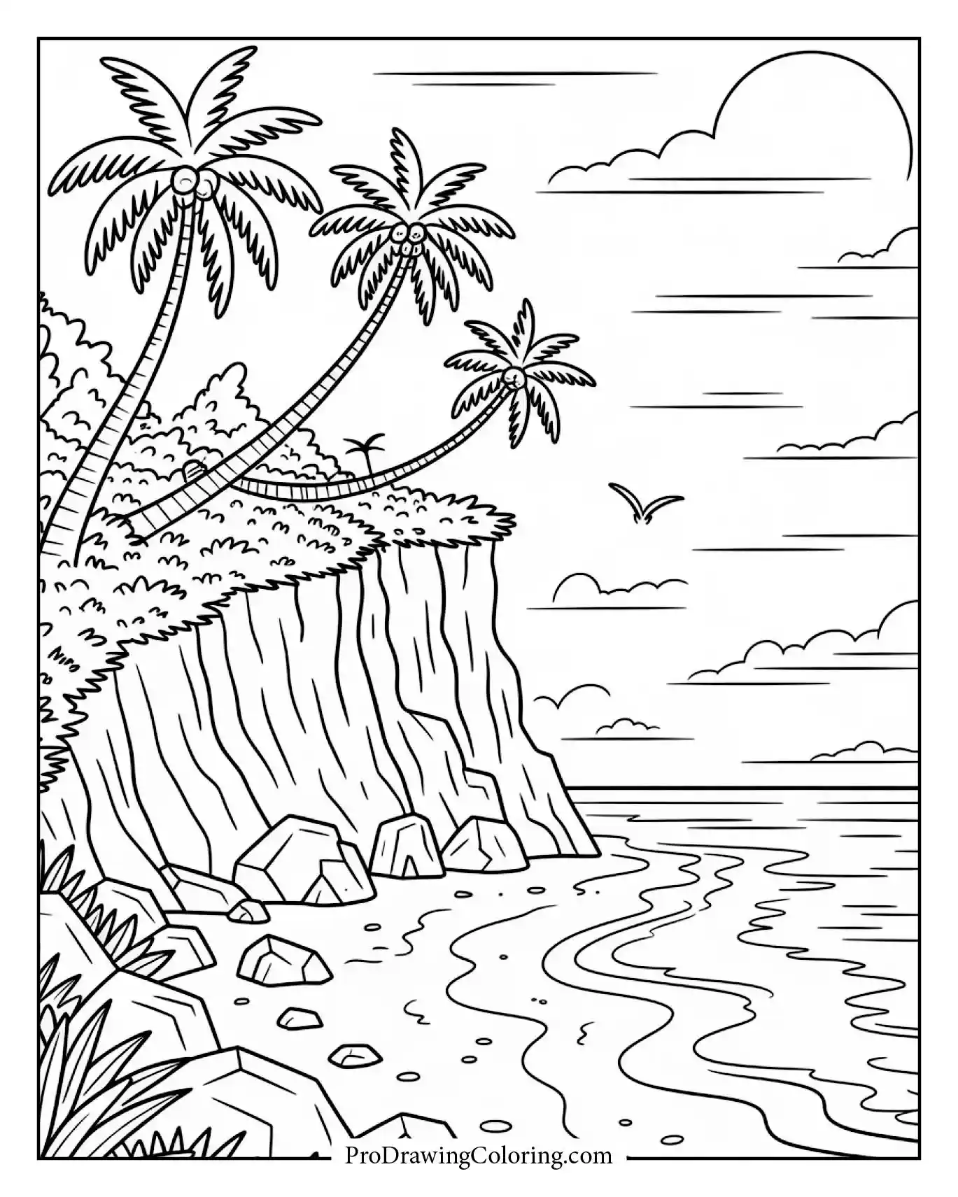 Beach coloring pages – detailed beach with cliffs and rocks