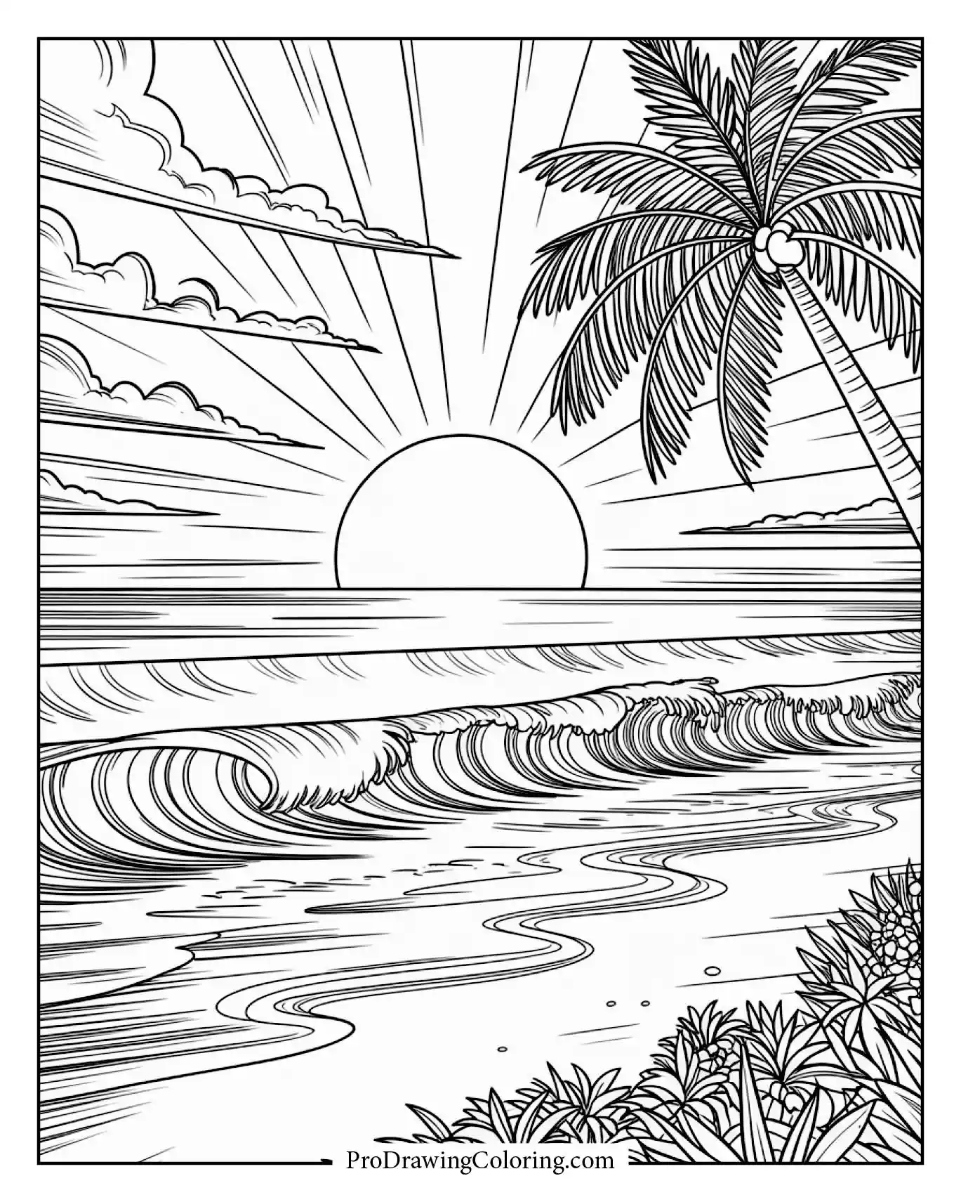 Beach coloring pages – detailed beach sunset scene